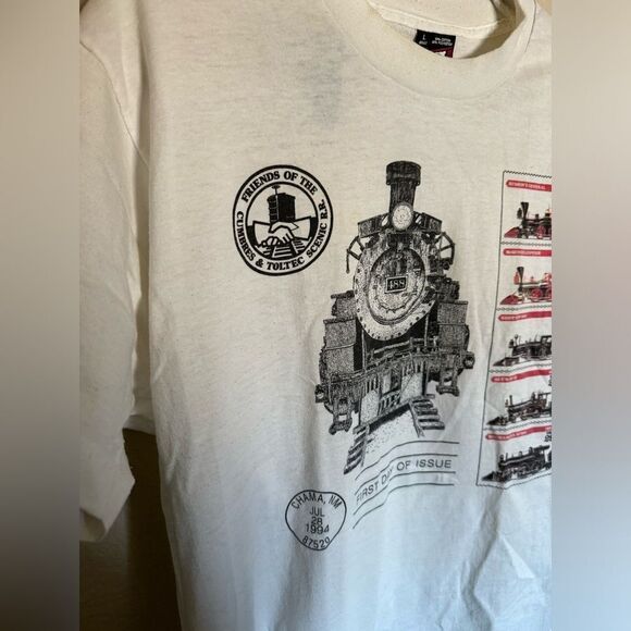 Vintage 1993 Post Stamp Train Evolution Graphic Tee Shirt Sz Large - Picture 3 of 7